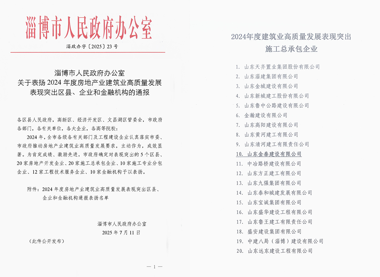 喜报！我公司荣膺淄博市建筑业高质量发展突出贡献企业荣誉称号(图1)
